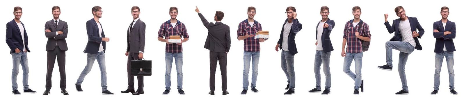 panoramic collage of self-motivated young man .isolated on white background