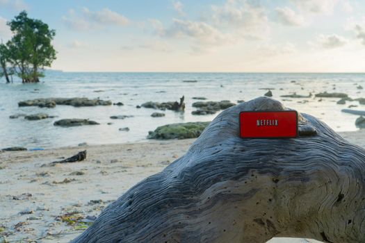 Havelock, andaman Island, India - circa 2022 :- mobile phone sitting on curved tree log with netflix screen with scenic sea, tree in background showing access of internet across the world