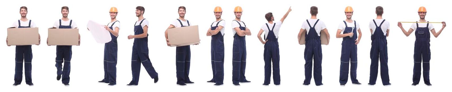 panoramic collage of skilled handyman isolated on white background.