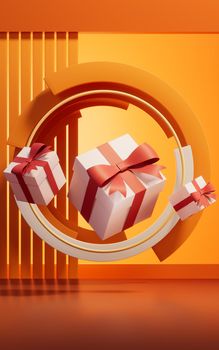 Gift box with orange interior scene, 3d rendering. Computer digital drawing.