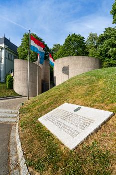 Luxembourg city, May 2022.  view of the Monument National de la Solidarité Luxembourgeoise in a city center park
