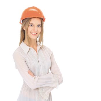 A woman engineer in helmet with copy space for text