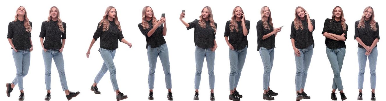 photo collage of a modern young woman with a smartphone. isolated on a white background