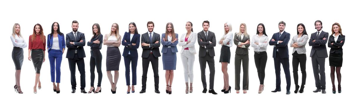 panoramic photo of a group of young entrepreneurs standing in a row . isolated on white