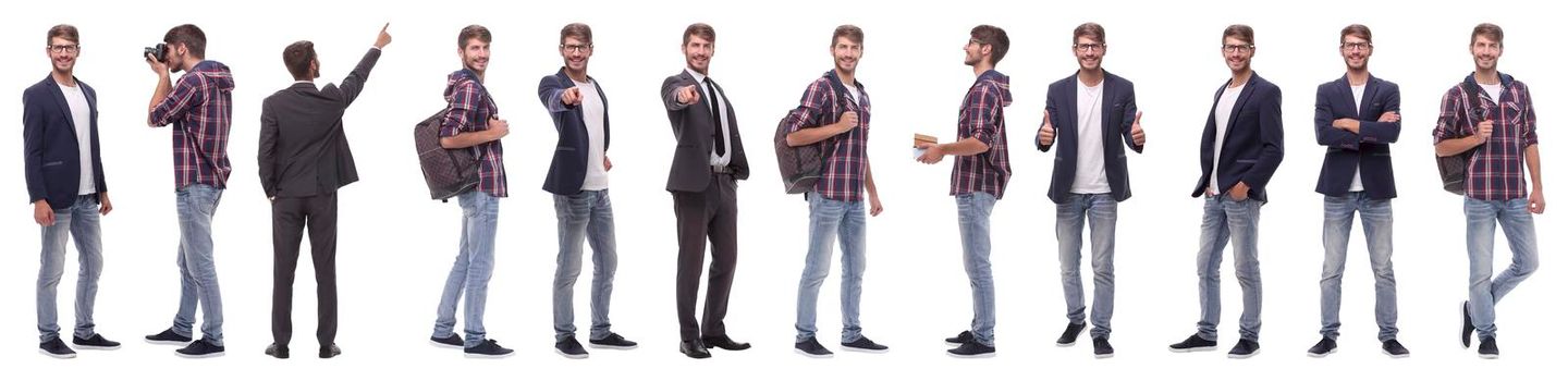 panoramic collage of a promising young man .isolated on white background