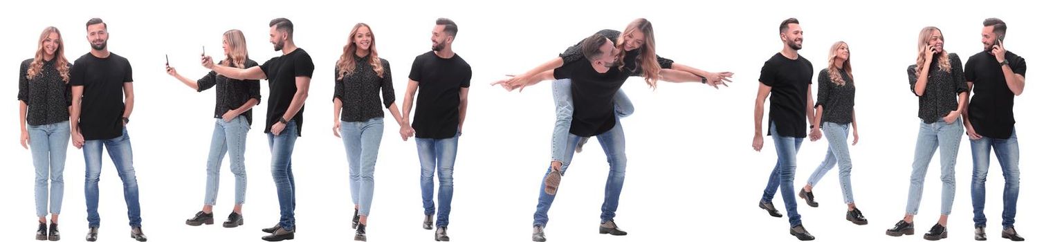 collage of photos of a couple of happy young people . isolated on a white background