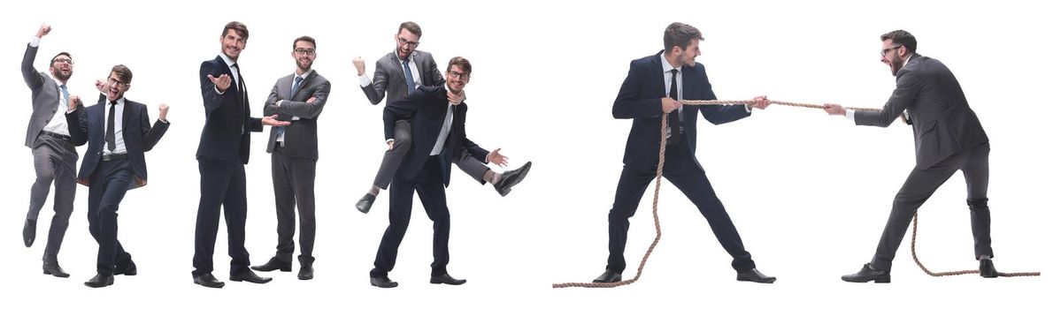 smiling businessman sitting on the back of his colleague . isolated on white background.