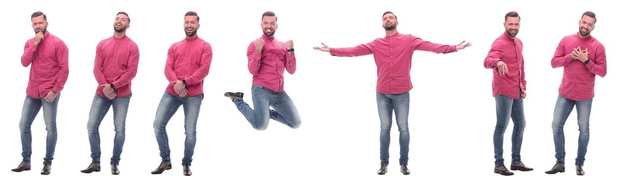 collage of photos of a modern man in a red shirt. isolated on a white background