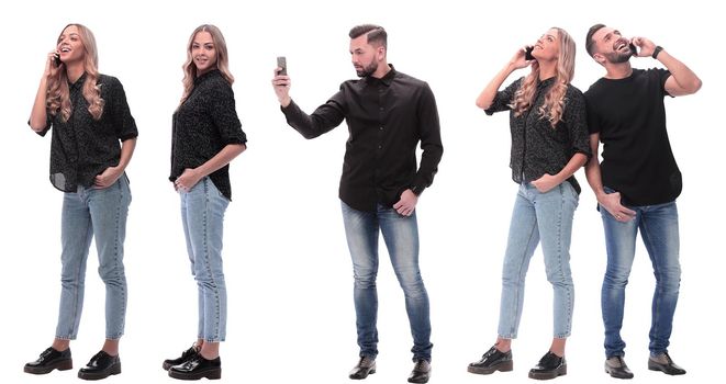 collage of photos of a young man and woman in jeans. isolated on a white background