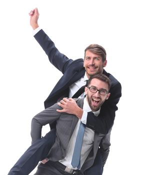 happy businessman carrying his colleague on the piggyback . isolated on white background