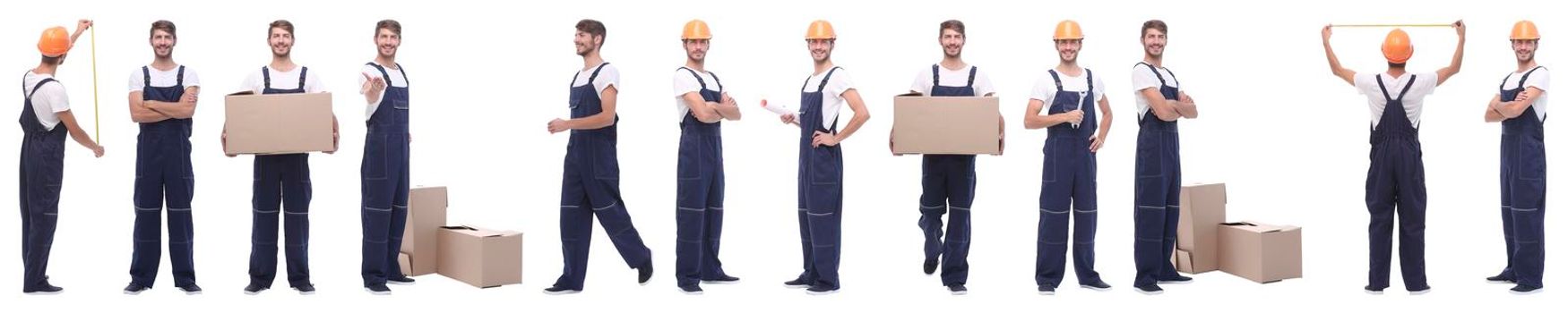 panoramic collage of skilled handyman isolated on white background.