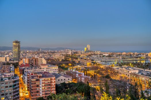 View over downtown Barcelona from Montjuic mountain at dusk