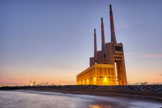 The shut-down thermal power station at Sant Adria near Barcelona at twilight