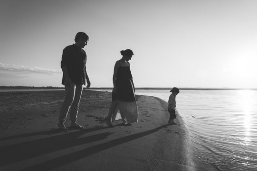 A young family with a 3 year old son is walking along the wild evening beach. Black and white photo. Copy space.