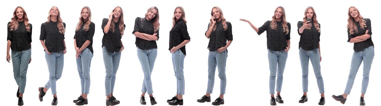 photo collage of a modern young woman with a smartphone. isolated on a white background