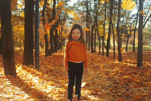 Cute happy little girl playing with fallen leaves in morning autumn park.