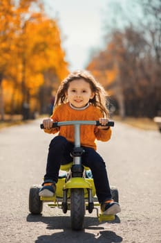 Portrait of a little cute girl on a bike in the morning autumn park.