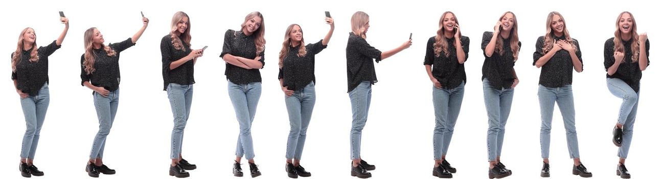 photo collage of a modern young woman with a smartphone. isolated on a white background