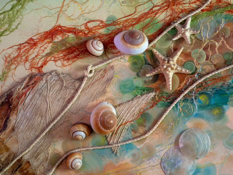 Handicraft on the marine theme. shells, starfish, rope with knots on the sea background