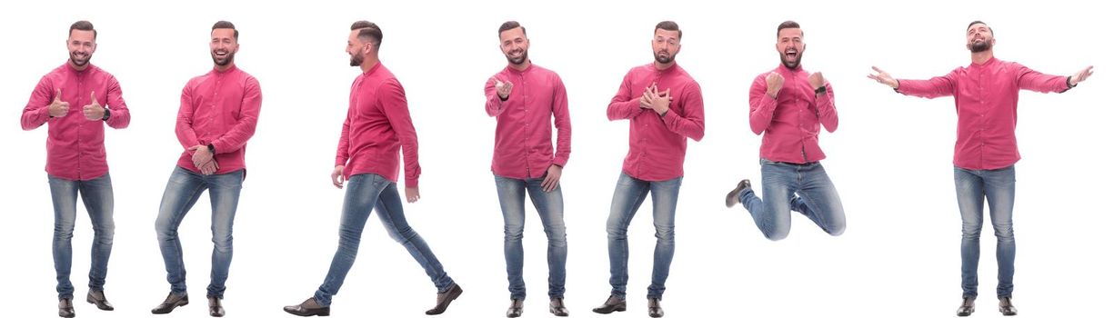 collage of photos of a modern man in a red shirt. isolated on a white background