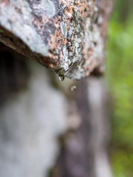 Raindrops flow down granite rock. Close-up