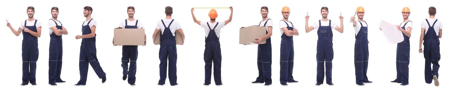 panoramic collage of skilled handyman isolated on white background.