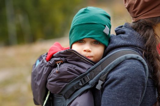 A happy boy travels behind his mother in a baby carrier.