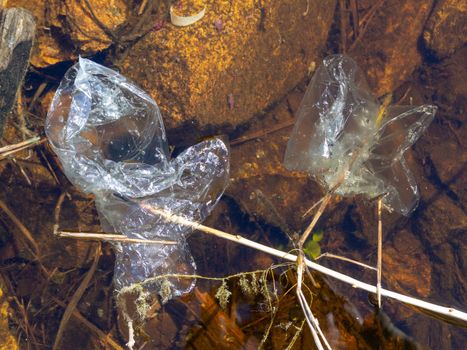 Underwater pollution: - discarded plastic bag in the river