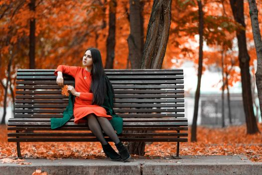 Beautiful young woman autumn mood outdoor portrait.