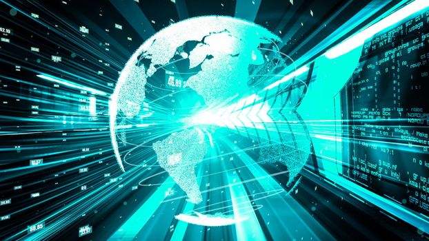Futuristic global network and tacit digital data transfer 3D graphic . Concept of smart digital transformation and technology disruption that changes global trends in new information era .