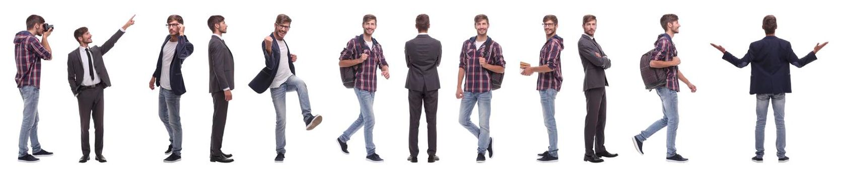 panoramic collage of a promising young man .isolated on white background