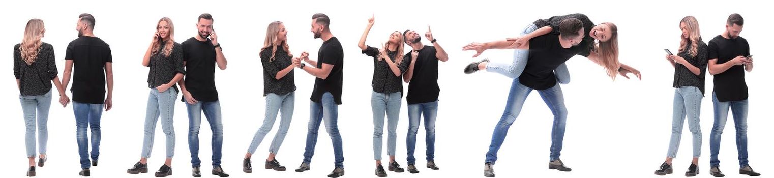 collage of photos of a couple of happy young people . isolated on a white background