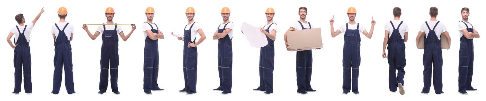 panoramic collage of skilled handyman isolated on white background.