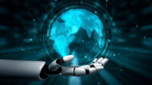 Futuristic robot artificial intelligence enlightening AI technology development and machine learning concept. Global robotic bionic science research for future of human life. 3D rendering graphic.