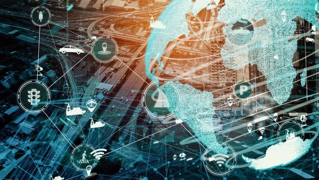 Smart transport technology concept for future car traffic on newish city road . Virtual intelligent system makes digital information analysis to connect data of vehicle on city street .