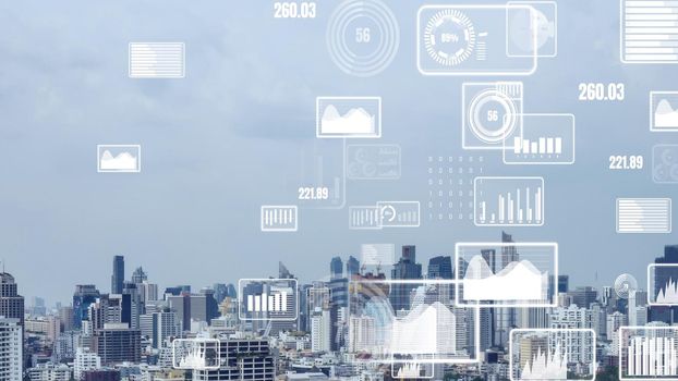 Business data analytic interface fly over smart city showing alteration future of business intelligence. Computer software and artificial intelligence are used to analyze big data for strategic plan .