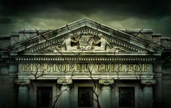 Electoral College presented as a real college building with cracks in the walls. 3D and Photo Illustration