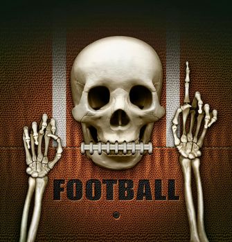 Skeletal hand holding up index finger, signifying We are Number One on top of a football flattened into two dimensions.