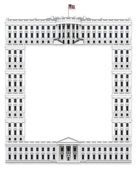 Presidential Executive Border made  with the White House - South View as the top,  North view as the bottom; and with windows and columns from the White House creating both vertical sides of the frame.  3D Illustration