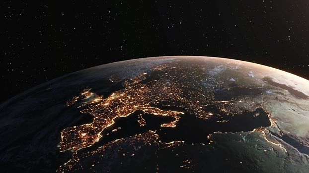 Planet earth with realistic geography surface and orbital 3D cloud atmosphere . Outer space view of world globe sphere of continents . 3D rendering graphic . Elements of this image furnished by NASA .