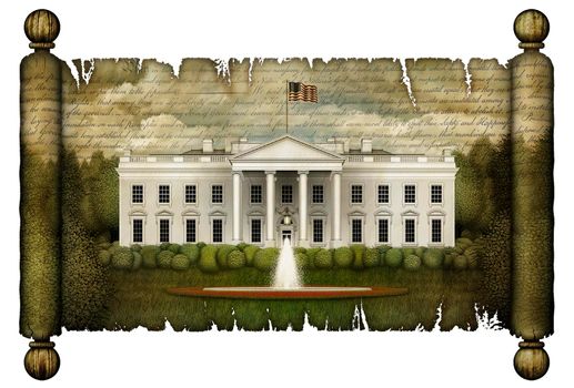 North view of the White House, with shrubbery and multiple trees, imprinted on an unfurled antique scroll. The Declaration of Independence overlays the sky above. 3D Illustration