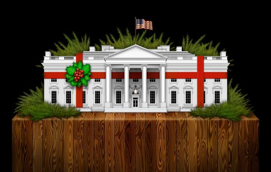 The White House wrapped in red ribbon and holly, set on top of a wooden pedestal. 3D Illustration