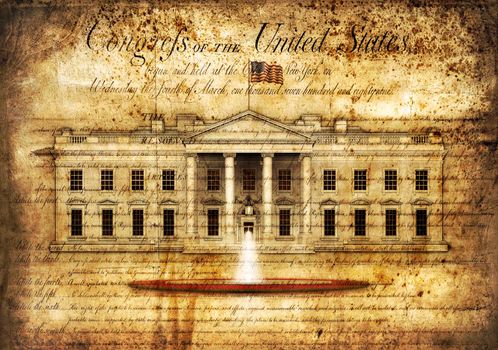 North view of the White House, with waving flag and fountain, isolated agianst and partially transparent over the Bill of Rights from the United States Constitution.  3D Illustration