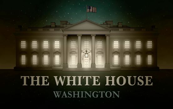 North view of the White House against a starry sky with the words, THE WHITE HOUSE, WASHINGTON. Bright light seen through windows. 3D Illustration