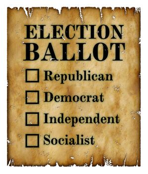 An old yellowed and tattered election ballot with check boxes next to Republican, Democrat, Independent, and Socialist. 3D Illustration