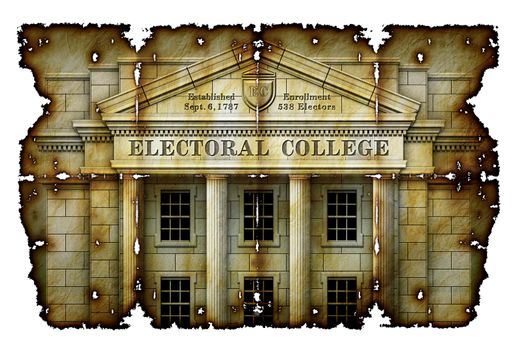 Electoral College system presented as a real physical college building on antique parchment. 3D Illustration
