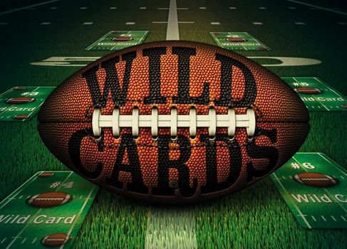 Football with WILD CARDS embossed onto it and wild card trading cards laying on the field. 3D Illustration