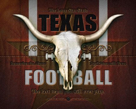 Longhorn cow skull ,and the words Texas Football, embossed onto a football flattened into two dimensions. 3D Illustration