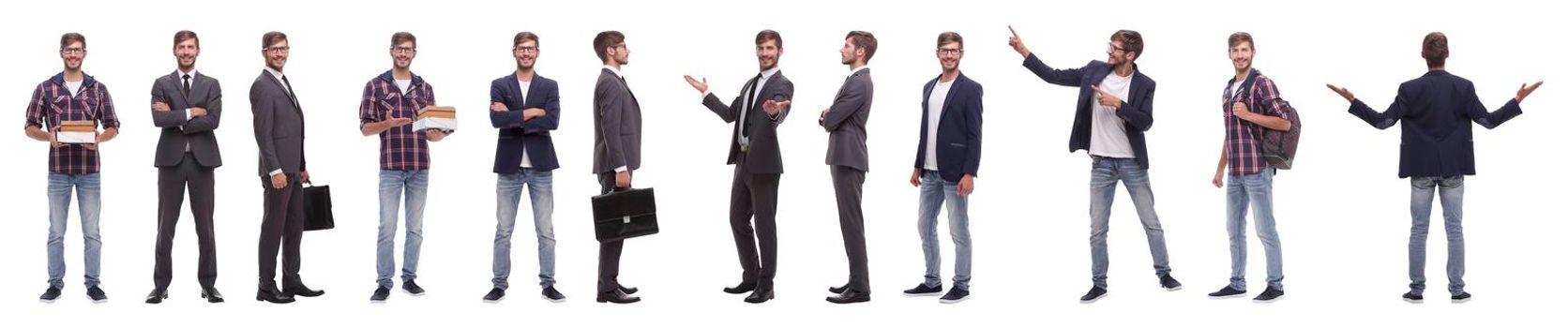 panoramic collage of self-motivated young man .isolated on white background