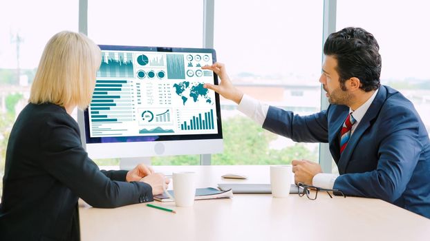Business data dashboard analysis by ingenious computer software . Investment application display business sales and profit on the computer screen and advise marketing planning decision .